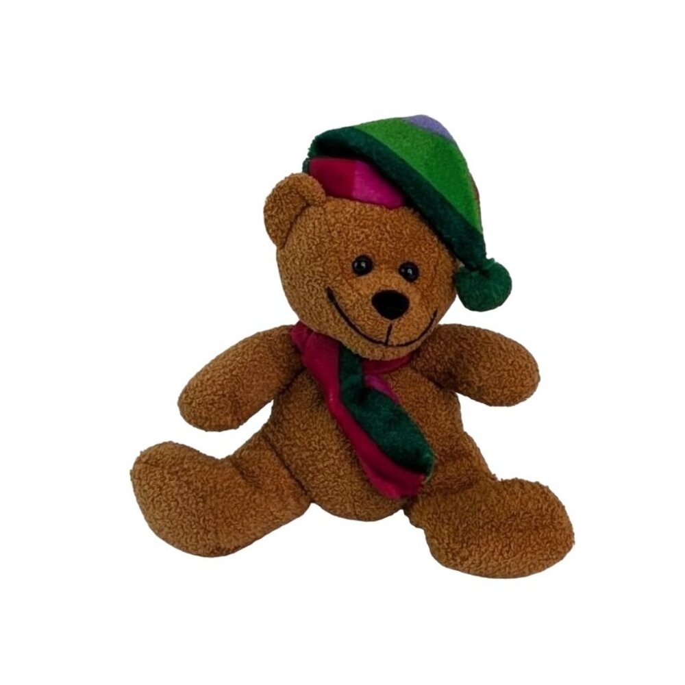 Brown Christmas Teddy Bear Plush 7" Jester Stuffed Animal Hat Scarf GAC Vtg 2001
